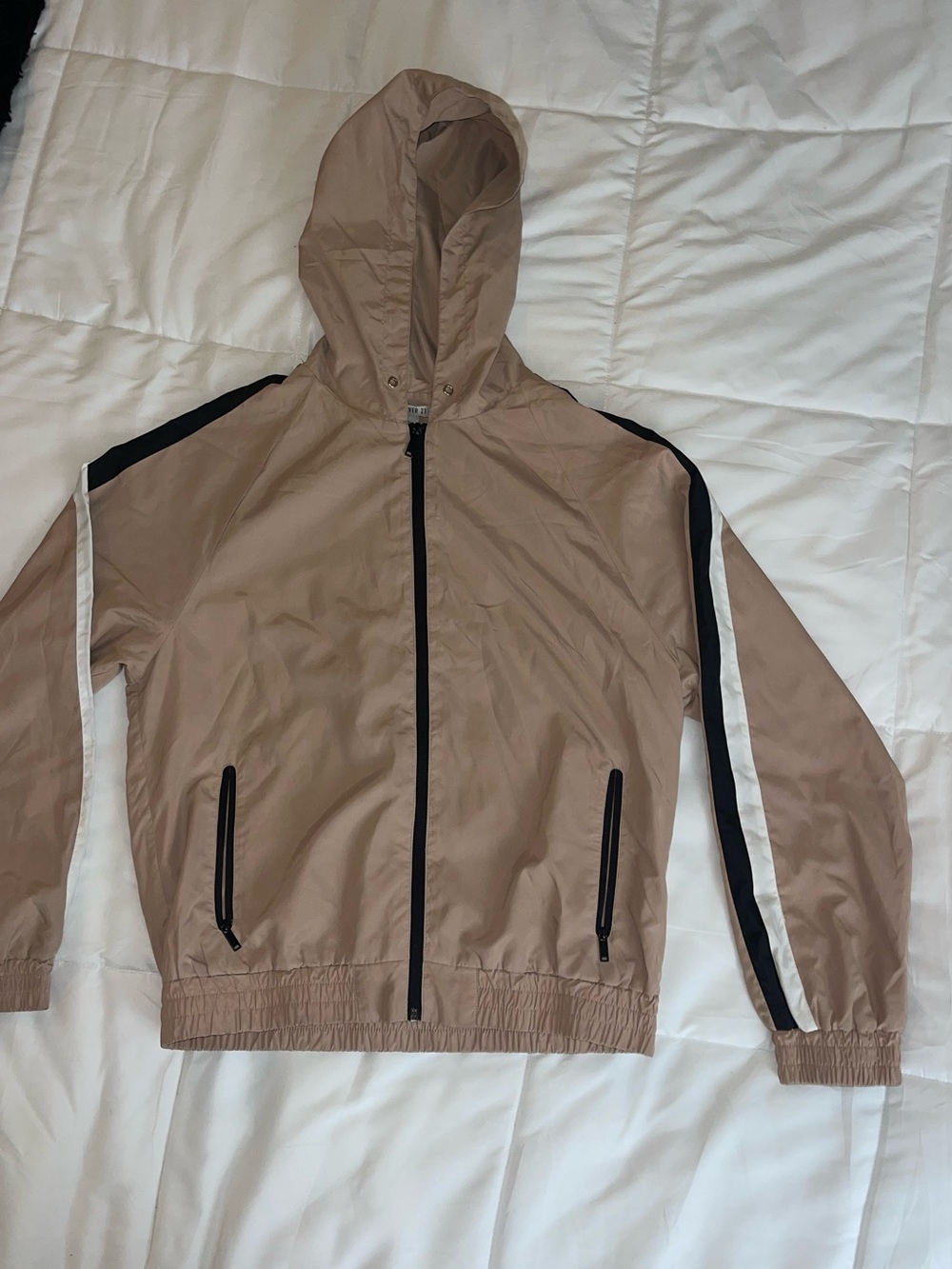 Forever 21 Beige Hooded Windbreaker with Black & White Stripes